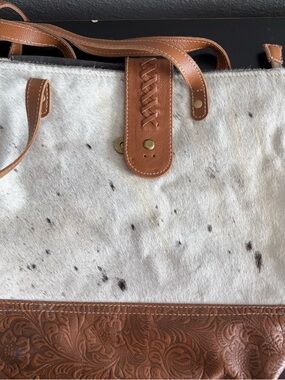 Myra Bag White and Brown Cowhide Crossbody with Tooled Leather Trim